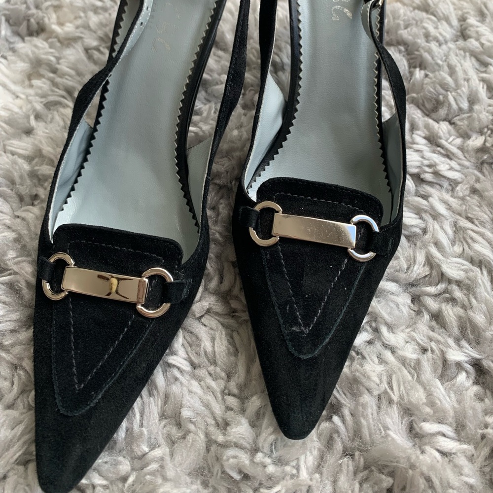 BCBG black suade sling back heels, size 6.